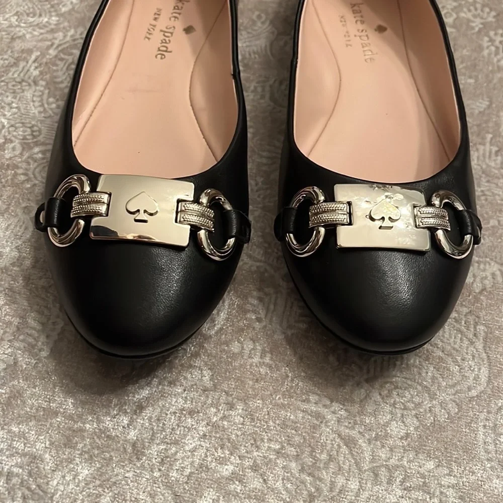 Brand New Kate Spade Genuine Leather Black Flats Slip On Shoes Silver Tone Logo